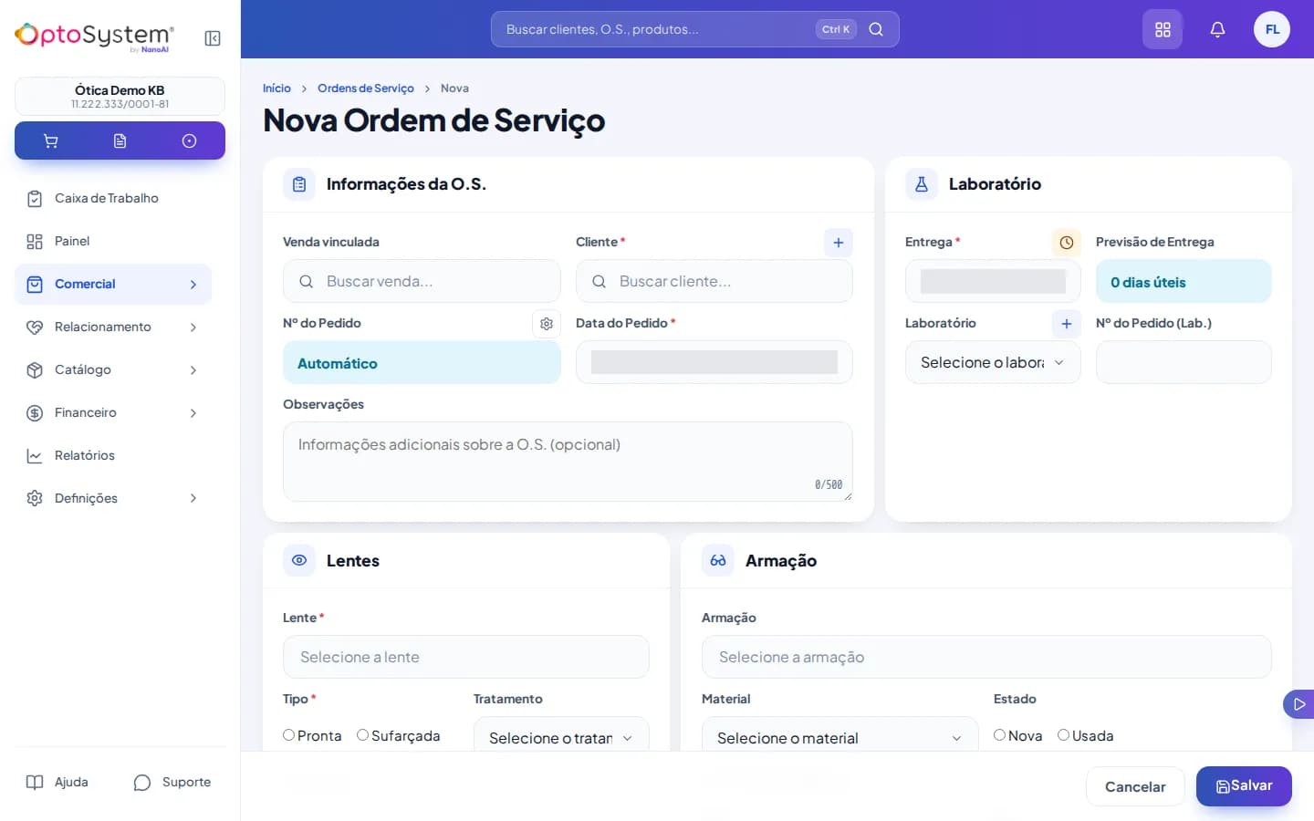 Formulário de nova ordem de serviço com dados de venda, prazos e seções de lentes e armação