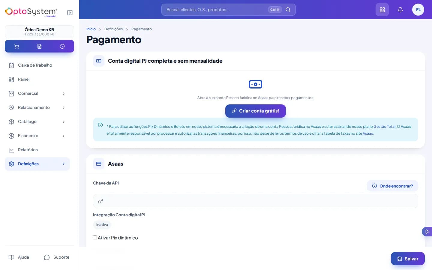 Tela de configuração de pagamento com o botão para criar conta Asaas e o campo de chave da API