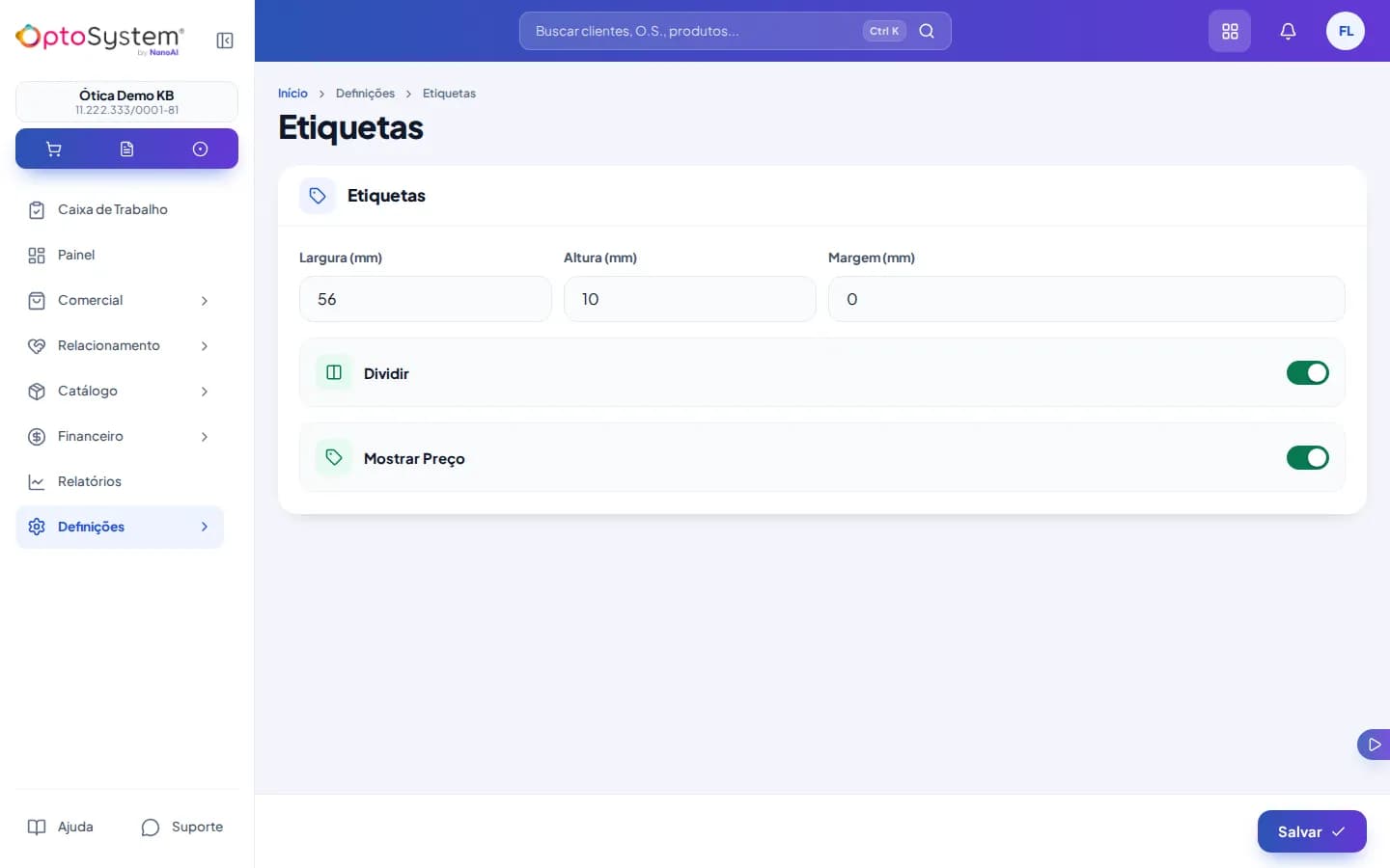 Configuração de etiquetas com largura de 56mm – altura de 10mm e as opções Dividir e Mostrar Preço ativas