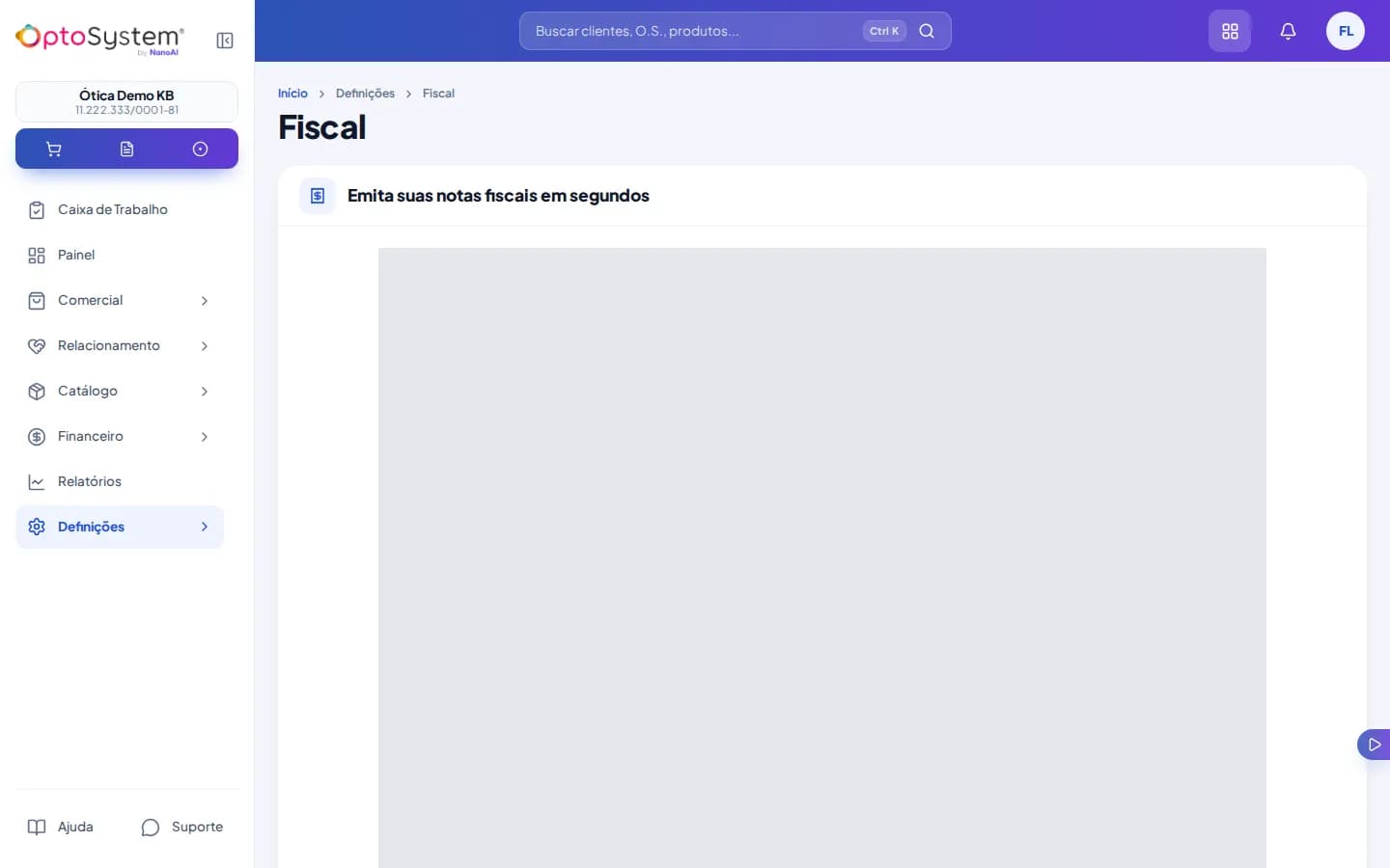 Tela Fiscal apresentando a integração com a Webmania para emissão de notas fiscais