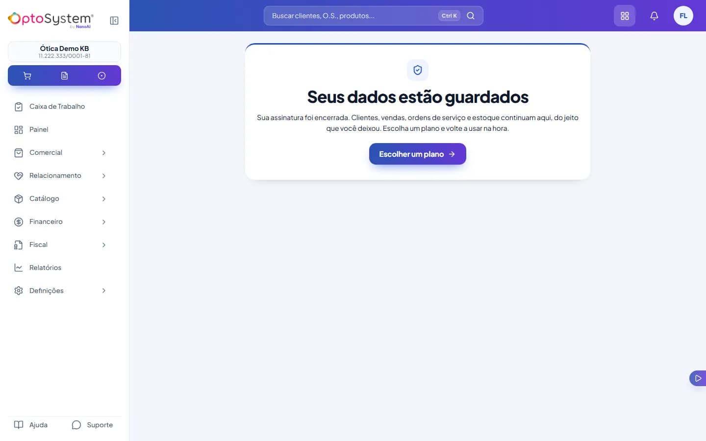 Tela de assinatura encerrada com a mensagem Seus dados estão guardados e o botão Escolher um plano