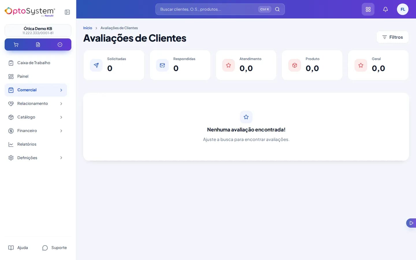 Página de avaliações de clientes com banner de destaque e indicadores zerados, sem avaliações encontradas