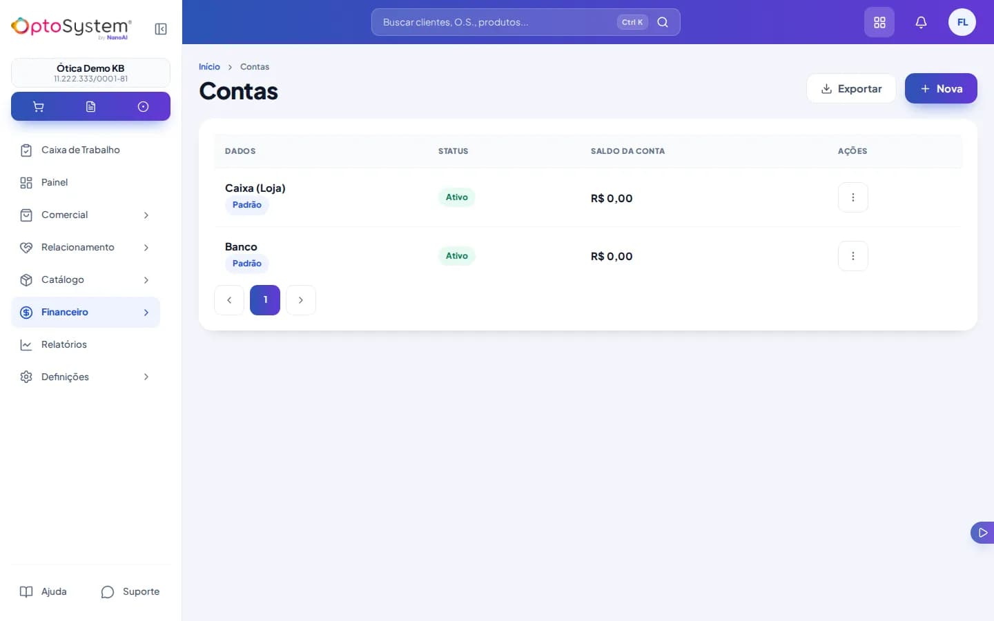 Lista de contas financeiras Caixa (Loja) e Banco, ambas ativas com saldo de R$ 0,00