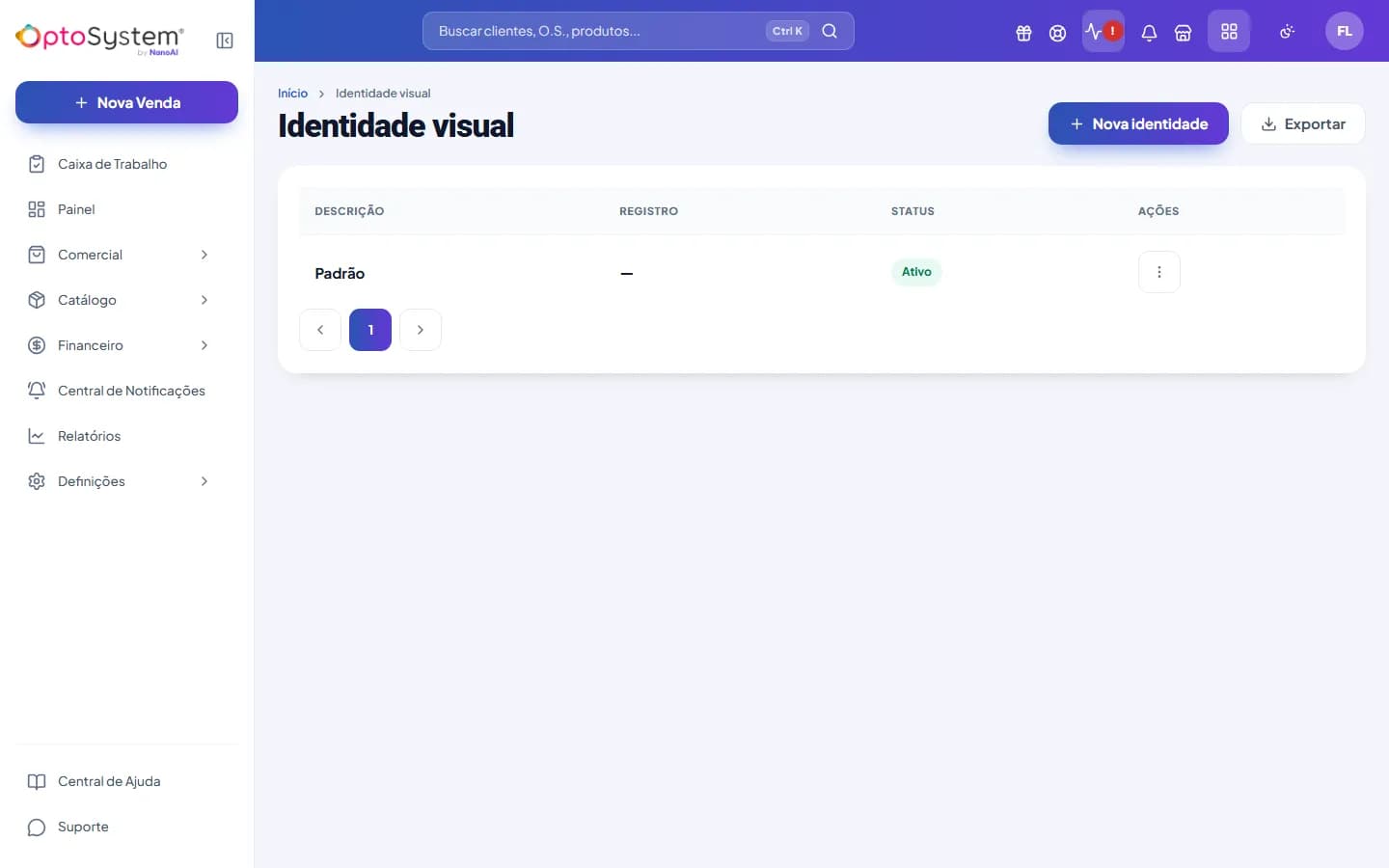 Lista de identidade visual com um registro padrão ativo cadastrado