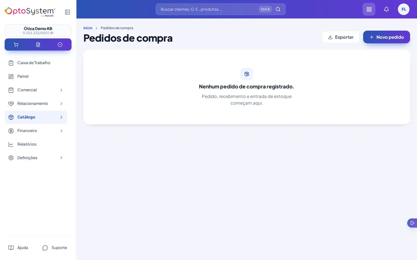 Lista de pedidos de compra vazia, convidando a criar o primeiro pedido