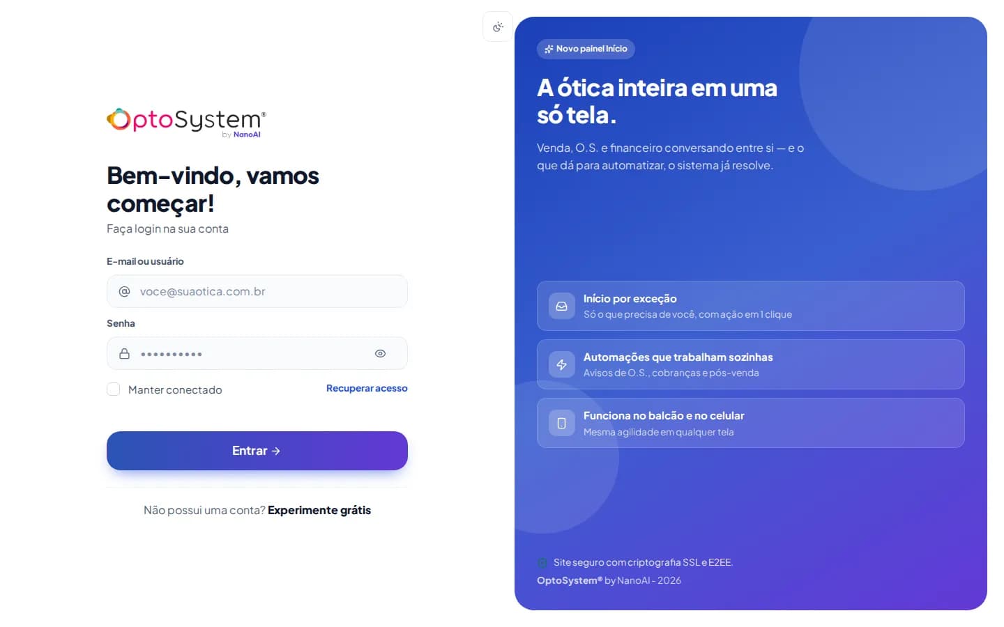 Tela de login do OptoSystem com os campos de e-mail e senha e a opção Manter conectado