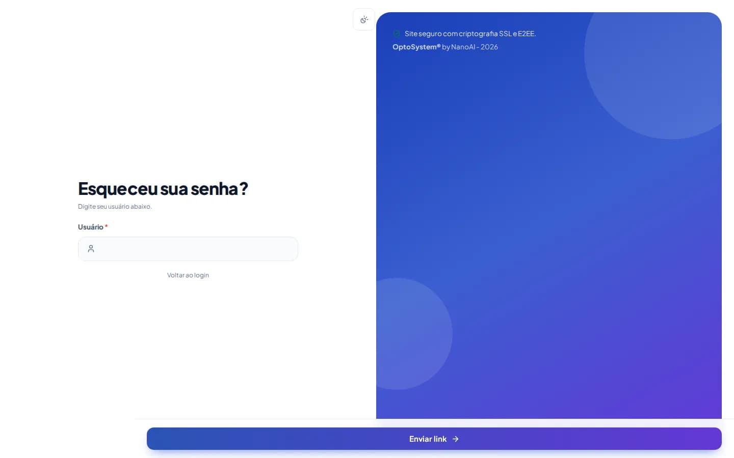 Tela Esqueceu sua senha com o campo de usuário e o botão Enviar link