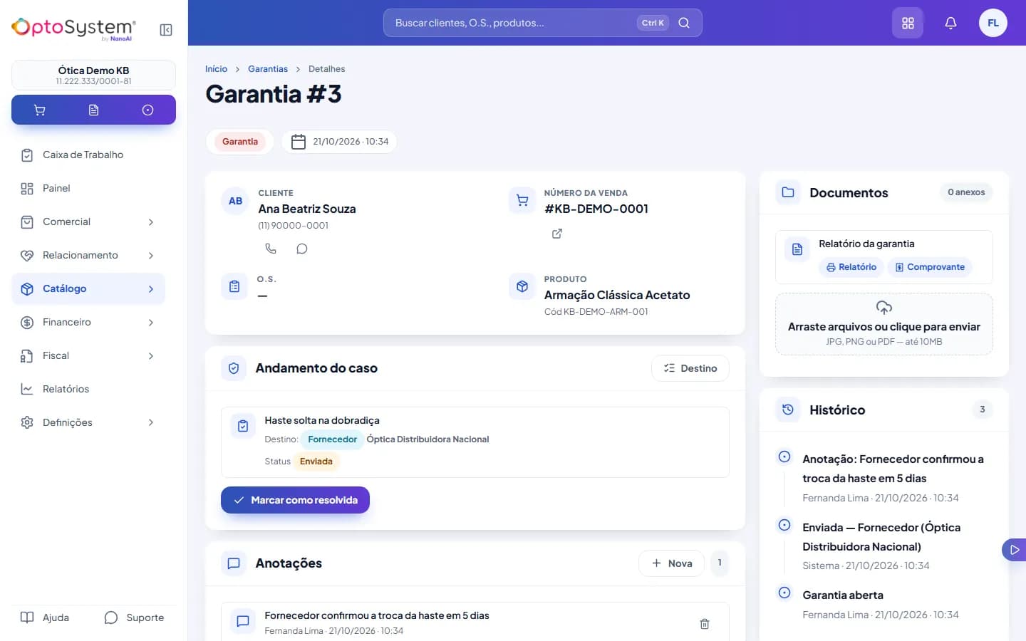 Caso de garantia com o andamento (destino Fornecedor, status Enviada), as anotações, os documentos e o histórico
