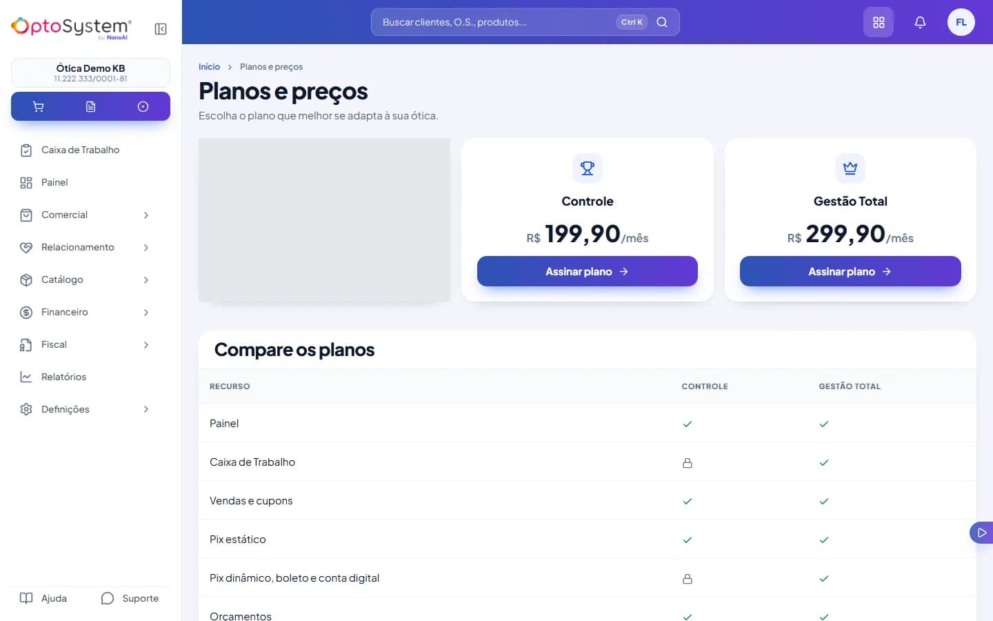 Tela Planos e preços com os planos Controle e Gestão Total, o botão Assinar plano em cada um e a tabela Compare os planos