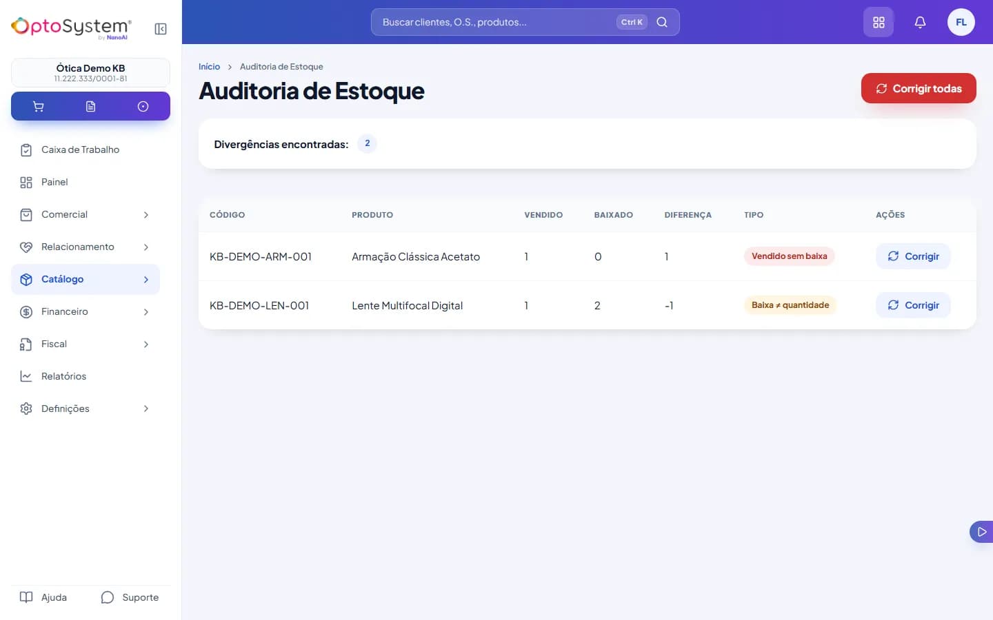 Auditoria de Estoque com duas divergências: uma Vendido sem baixa e uma Baixa ≠ quantidade, cada uma com o botão Corrigir