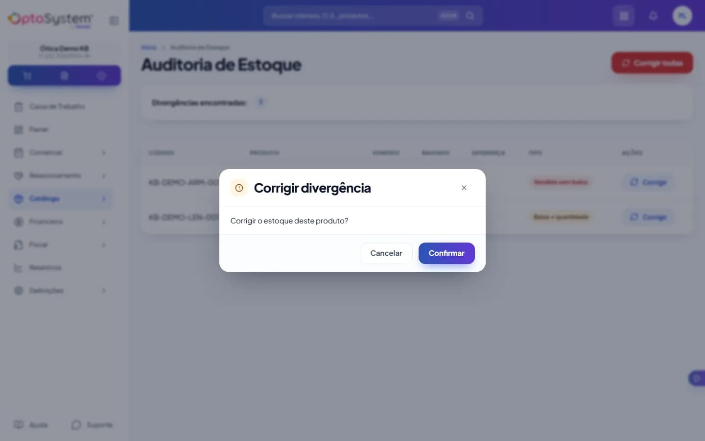 Janela Corrigir divergência perguntando se deve corrigir o estoque do produto, com os botões Cancelar e Confirmar