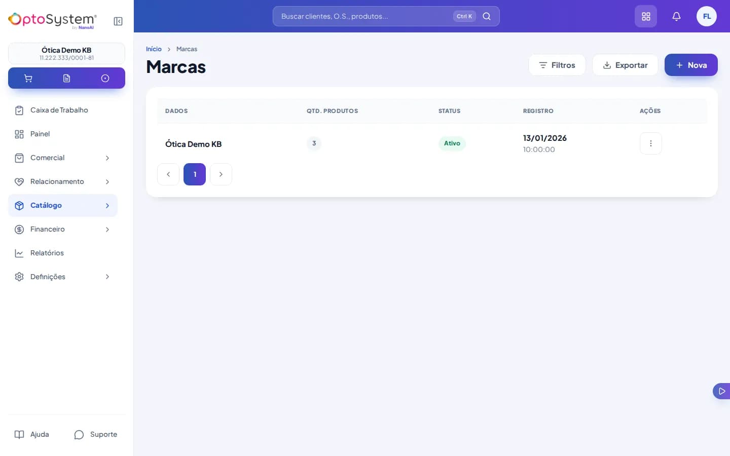 Lista de marcas com o item Ótica Demo KB ativo e o botão Nova no canto superior