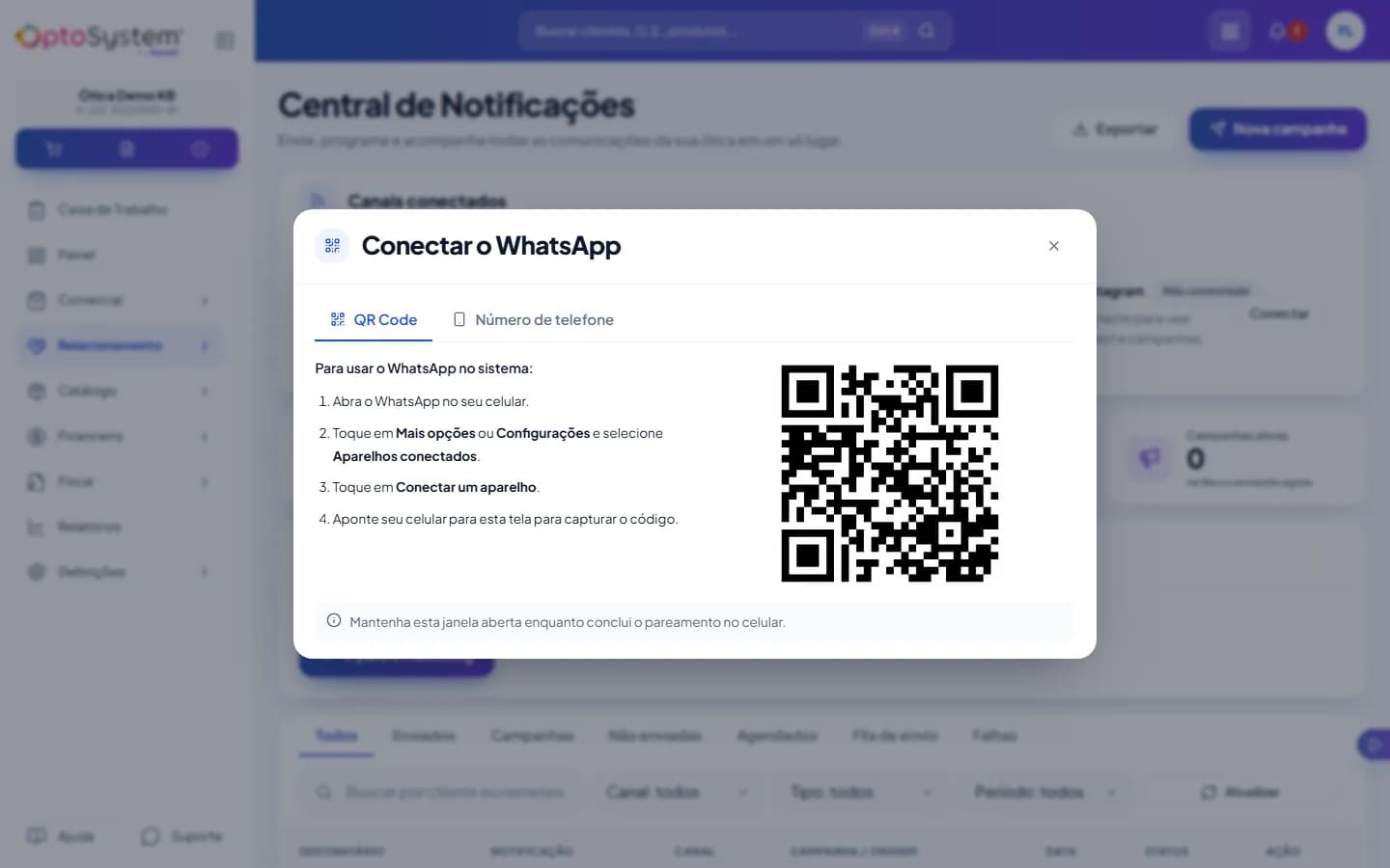 Janela Conectar o WhatsApp com as abas QR Code e Número de telefone, os passos no celular e o QR Code ao lado