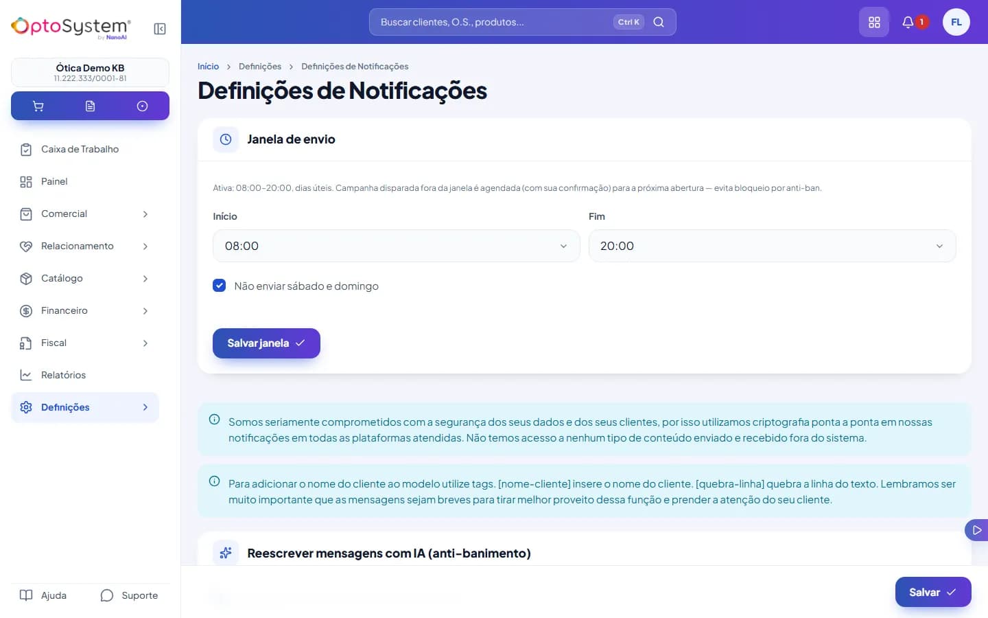 Definições de Notificações com a Janela de envio (início, fim e fim de semana) e a opção de reescrever mensagens com IA
