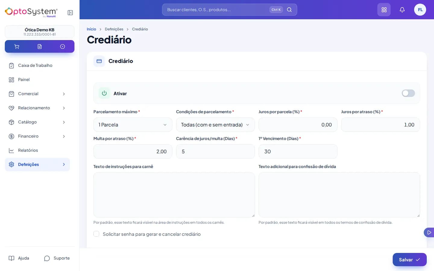 Configuração de crediário desativada com campos de parcelamento – juros e multa por atraso
