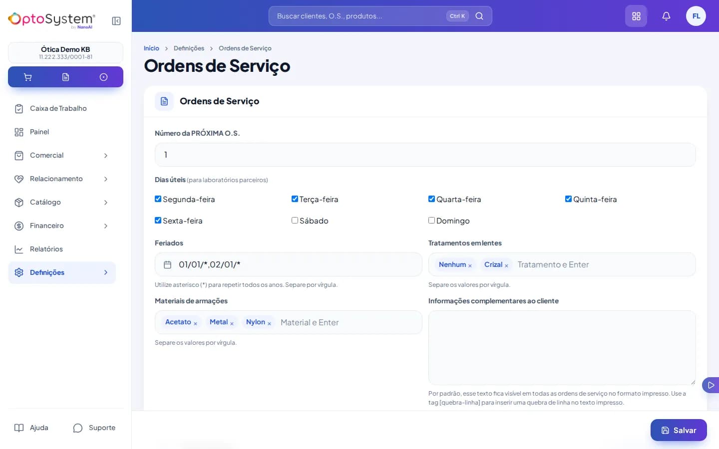Configuração de ordens de serviço com dias úteis – feriados – tratamentos em lentes e materiais de armação