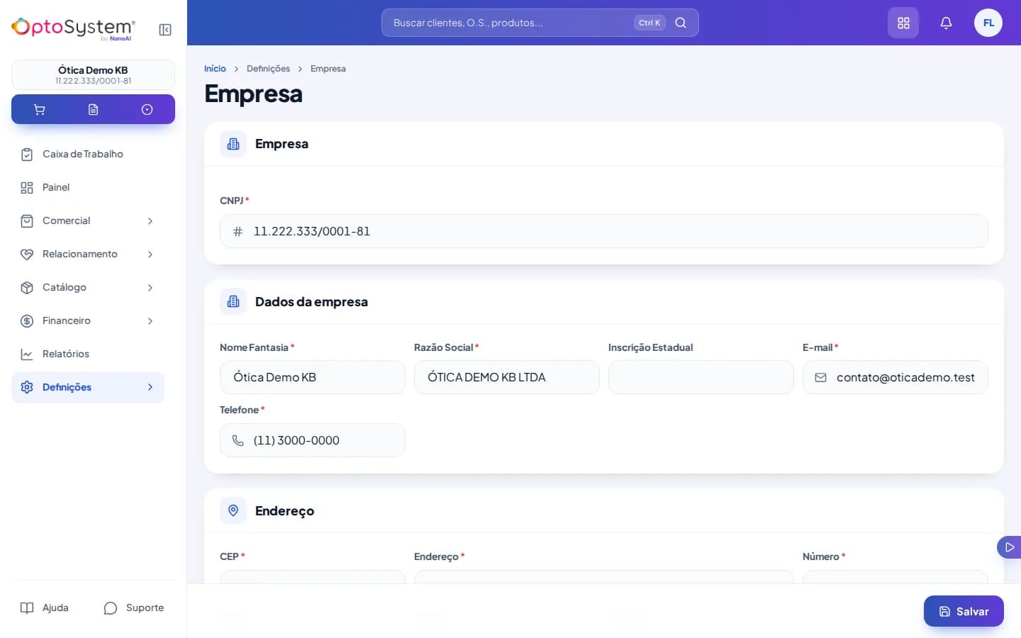 Tela de configuração da empresa pedindo o CNPJ da ótica para buscar os dados
