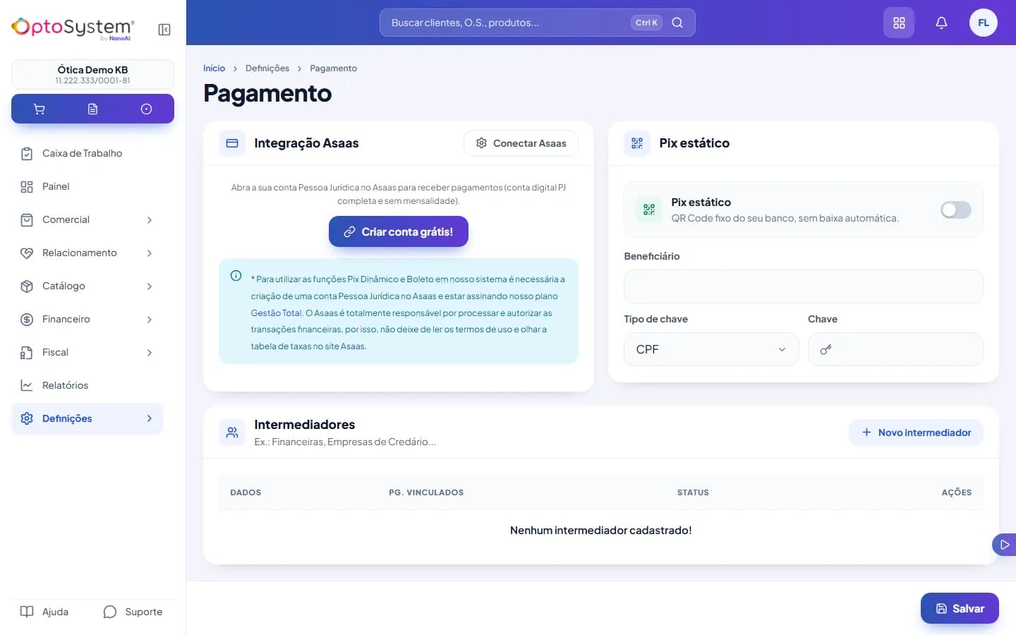 Tela Pagamento com os cards Integração Asaas, Pix estático (com a chave para ligar, beneficiário, tipo de chave e chave) e Intermediadores