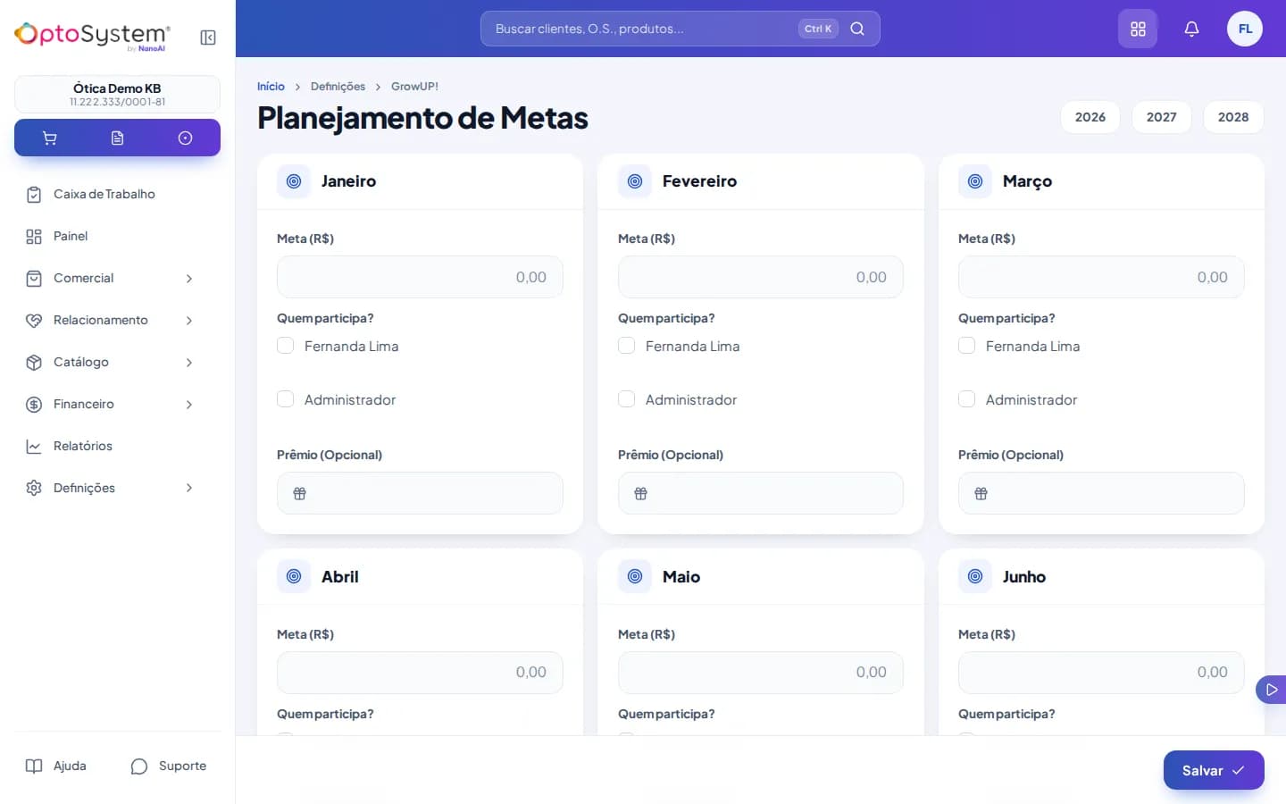 Tela Planejamento de Metas do GrowUP com os anos 2026 a 2028 e o botão Quero Planejar Metas