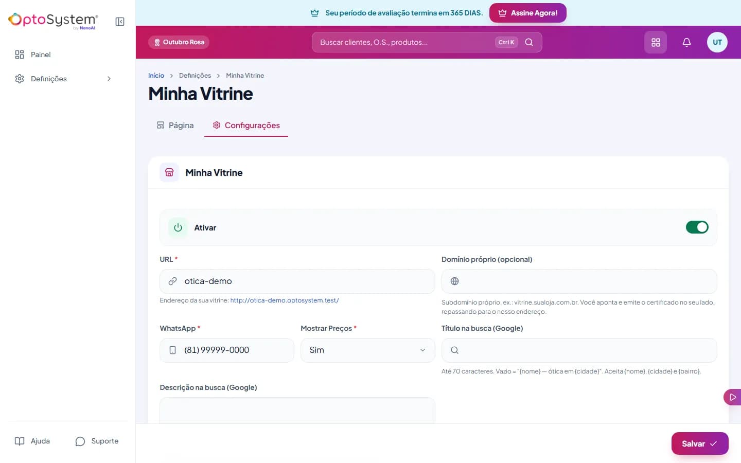 Aba Configurações da Minha Vitrine com o interruptor Ativar, endereço, domínio próprio, WhatsApp, mostrar preços e título e descrição na busca