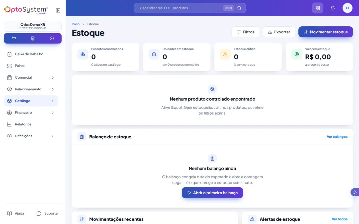Painel de estoque com indicadores no topo e as seções de movimentações recentes e alertas abaixo