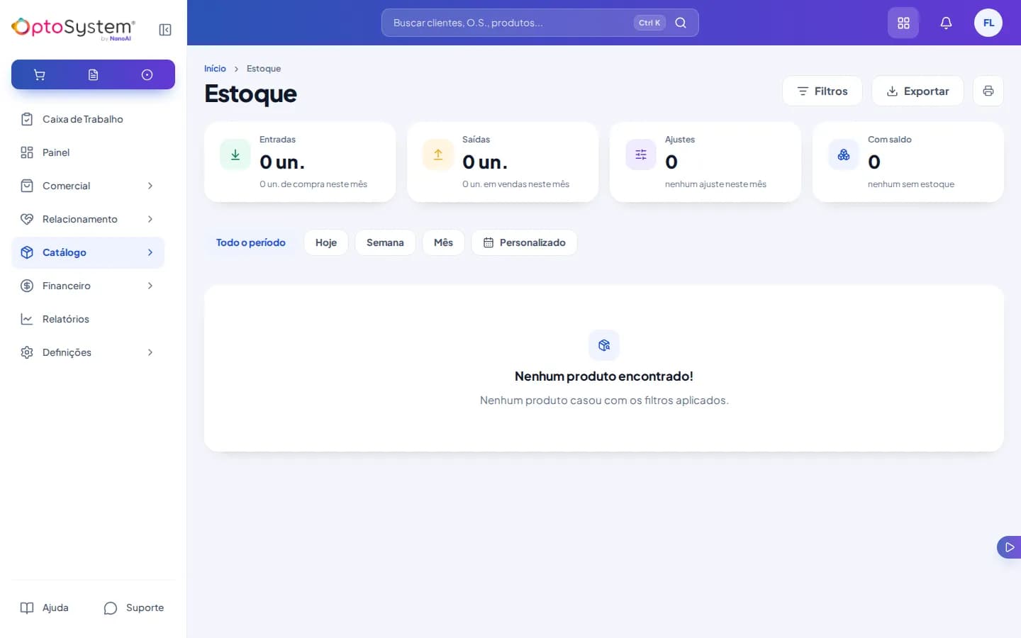 Lista de estoque com os indicadores de movimento no topo, os botões de período e nenhum produto encontrado