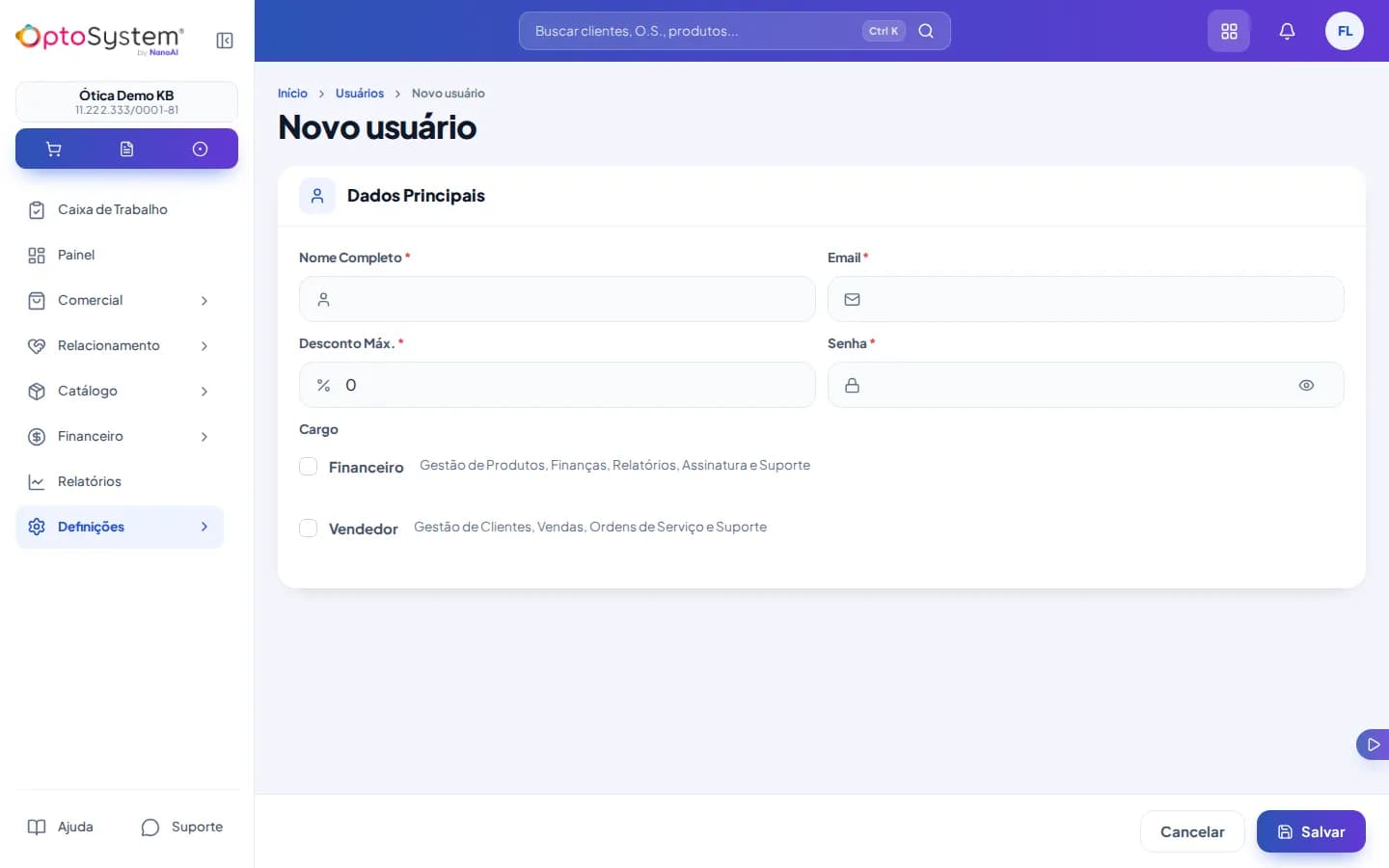 Formulário de novo usuário com os campos de nome – acesso e o papel a conceder