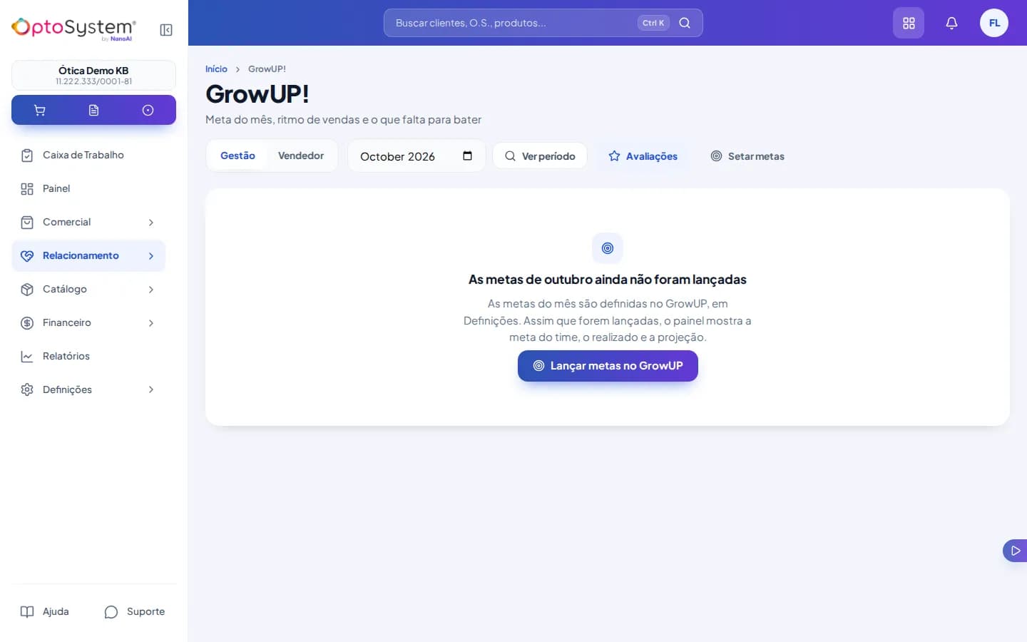 Tela GrowUP! mostrando a meta do mês, o realizado, a projeção de fechamento e o ranking da equipe