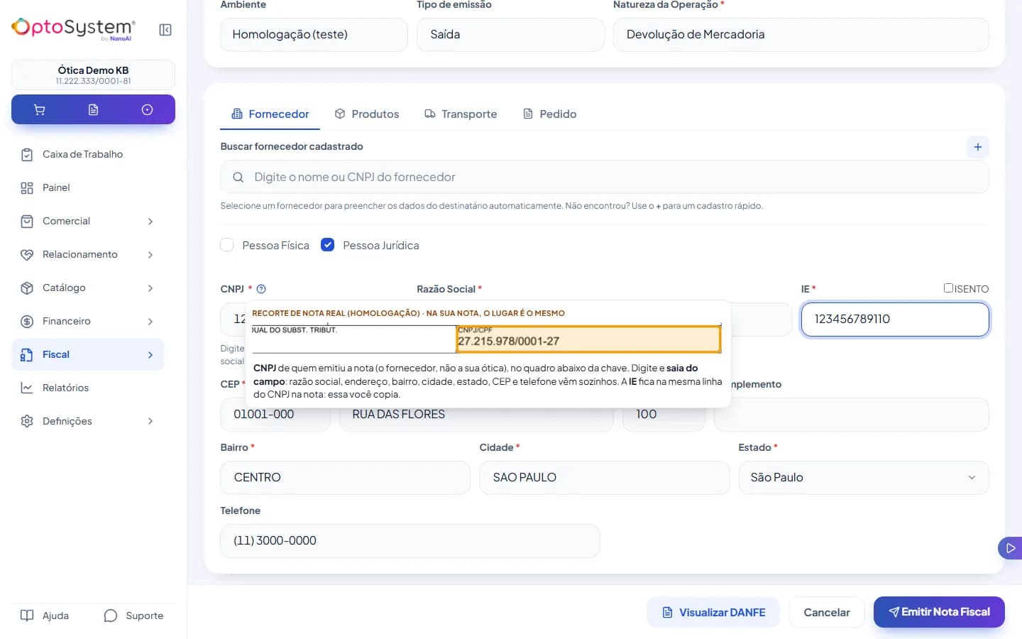 Devolução Avulsa, aba Fornecedor: Pessoa Jurídica marcada, CNPJ digitado com razão social e endereço preenchidos e o recorte de nota que mostra onde fica o CNPJ