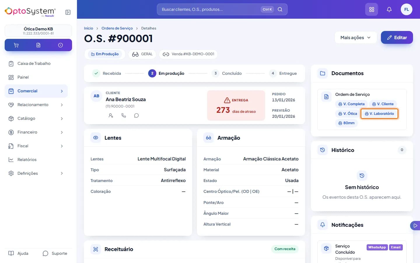 Detalhe da O.S. com o card Documentos e a via do laboratório destacada entre as vias de impressão
