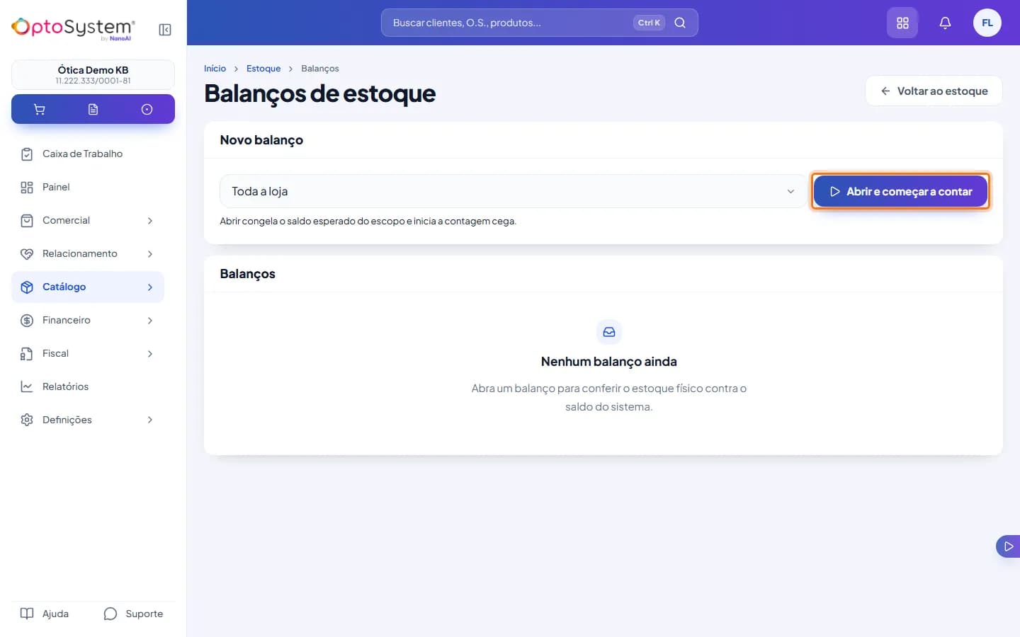 Tela Balanços de estoque com o campo do escopo, o botão Abrir e começar a contar e a lista de balanços vazia