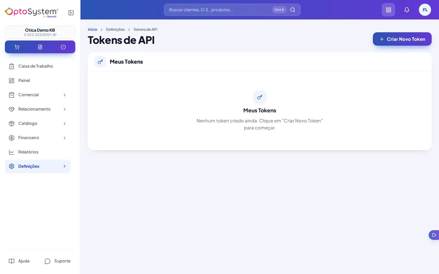 Tela de tokens de API vazia – com o botão Criar Novo Token no canto superior direito