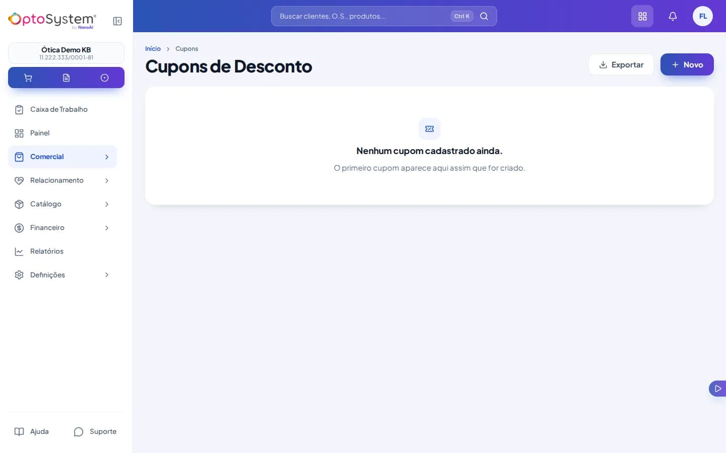 Lista de cupons de desconto vazia, sem nenhum cupom cadastrado ainda