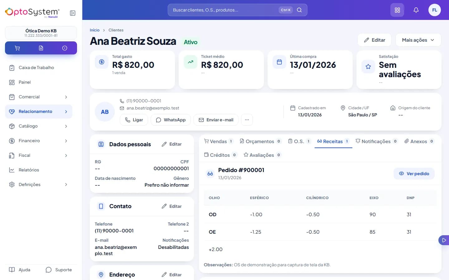 Ficha do cliente na aba Receitas com a ordem de serviço e o grau do olho direito e do olho esquerdo