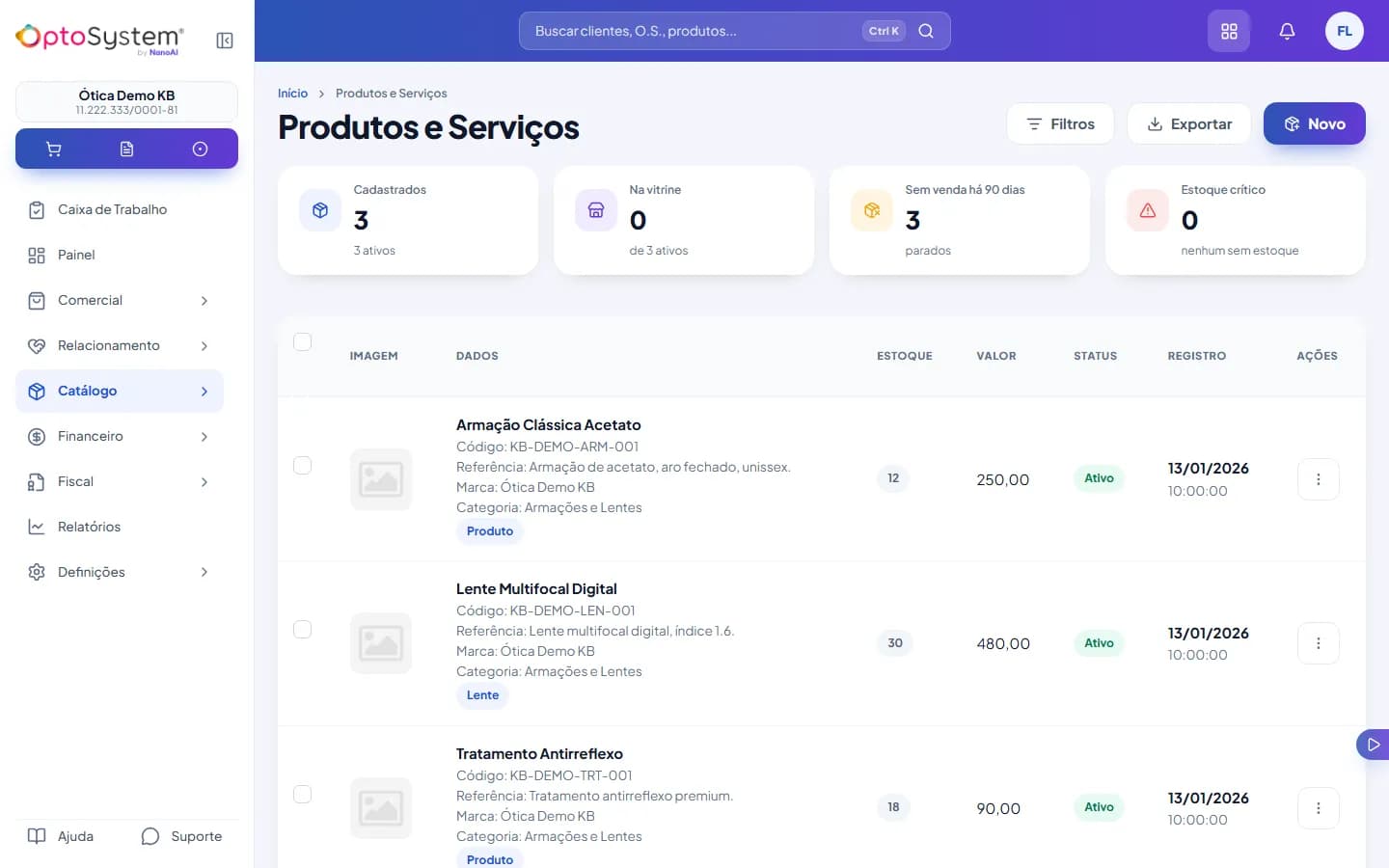 Lista de produtos com a caixa de seleção de cada linha usada para gerar etiquetas em lote