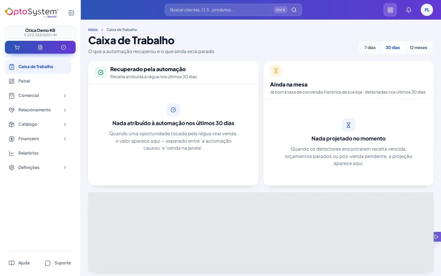 Caixa de Trabalho mostrando o que a automação recuperou e o que ainda está na mesa