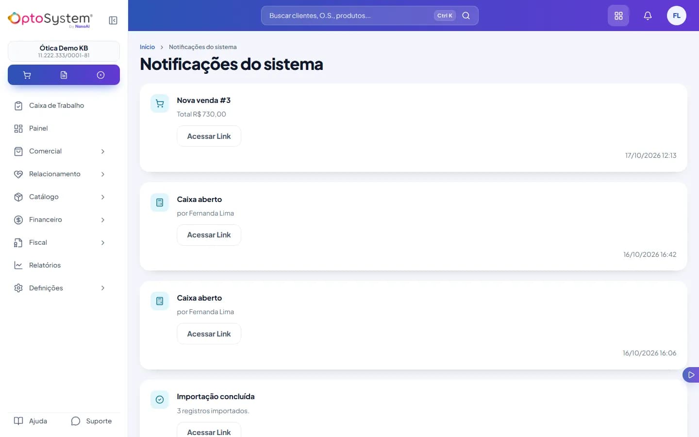 Tela Notificações do sistema com avisos de nova venda, caixa aberto e importação concluída, cada um com a data e o botão Acessar Link