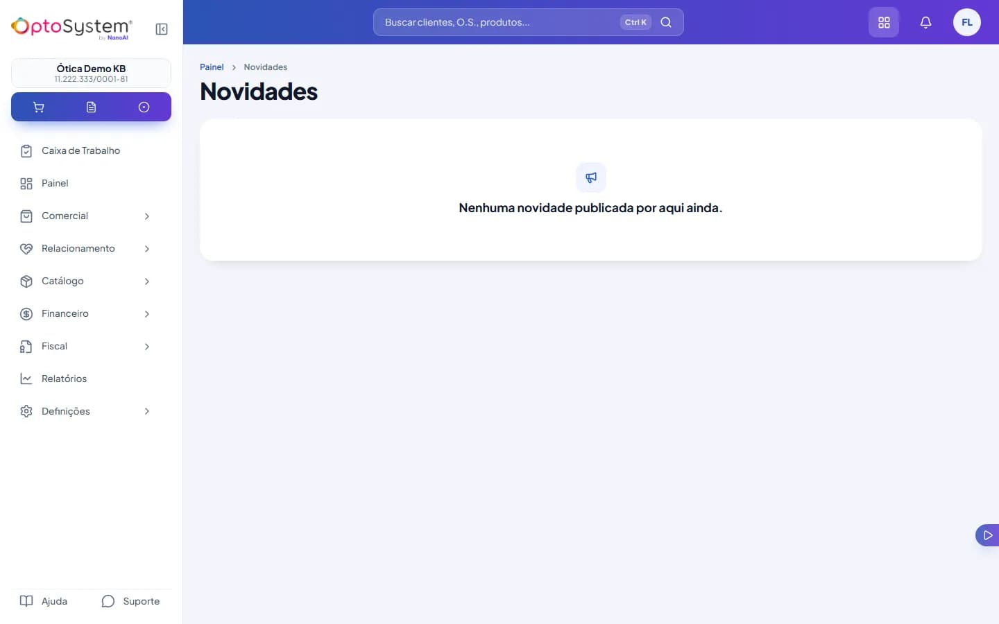 Tela Novidades ainda sem nenhuma novidade publicada