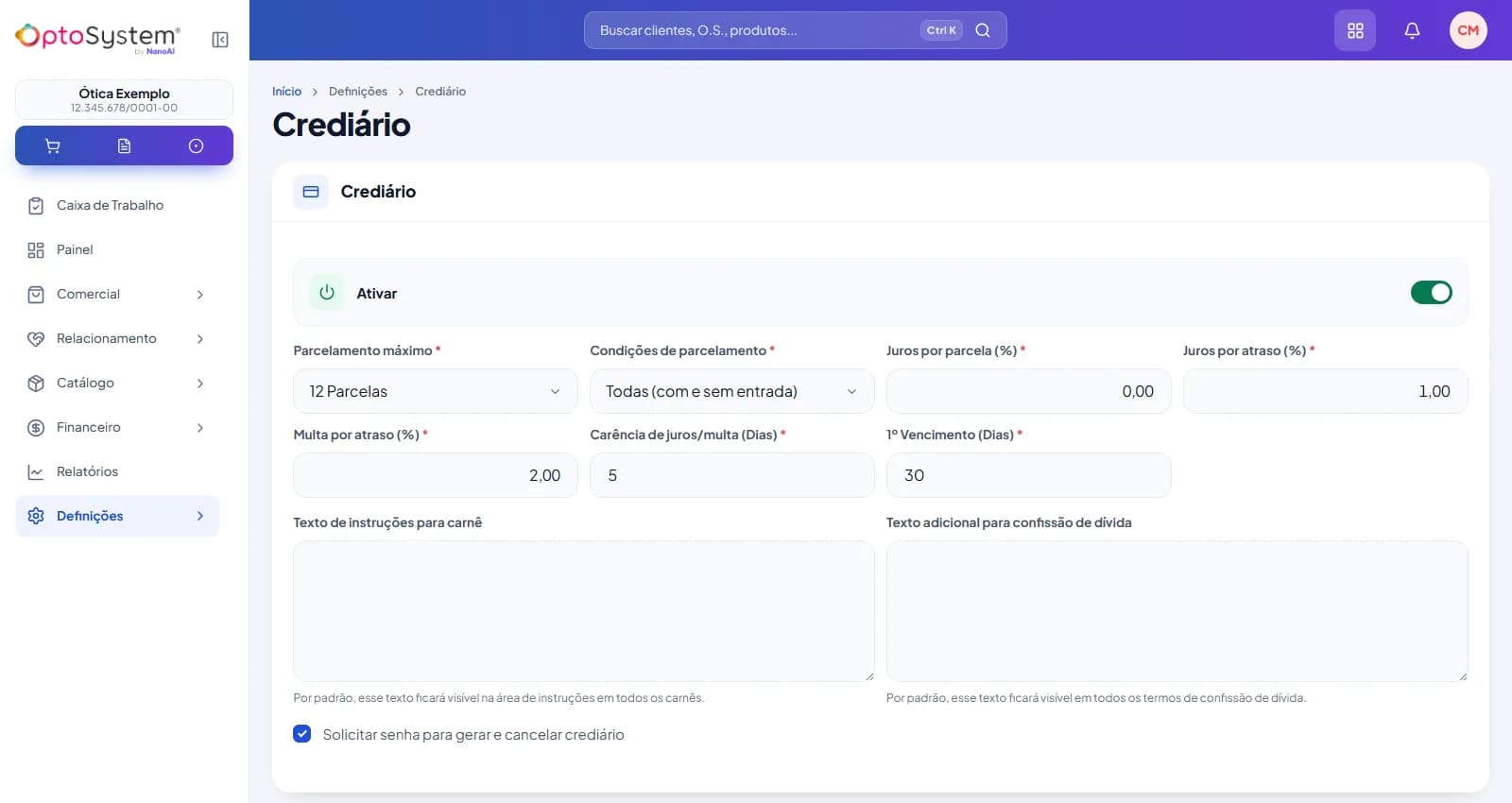 Configuração do crediário no OptoSystem com parcelamento máximo, condição com ou sem entrada, juros por parcela, juros e multa por atraso, carência e primeiro vencimento