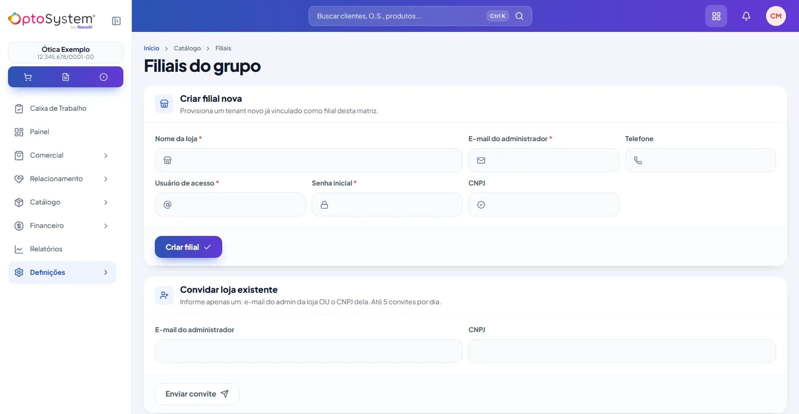 Tela Filiais do grupo no OptoSystem com os formulários Criar filial nova e Convidar loja existente, pelo e-mail do administrador ou pelo CNPJ