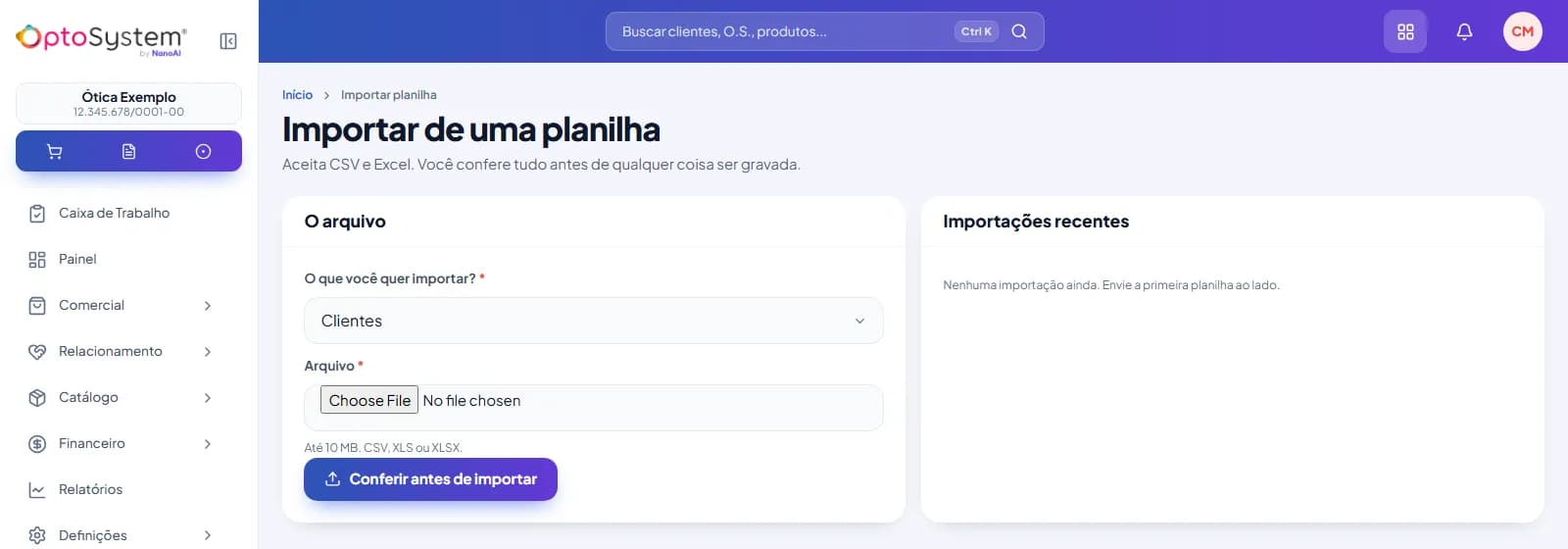 Tela Importar de uma planilha do OptoSystem, que aceita CSV e Excel e confere tudo antes de gravar, com o tipo de cadastro, o arquivo e as importações recentes